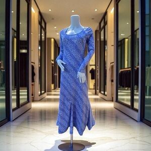 Vintage Eva 4 Robert Janan Blue Mermaid Bottom Patterned Long Sleeve Maxi Dress